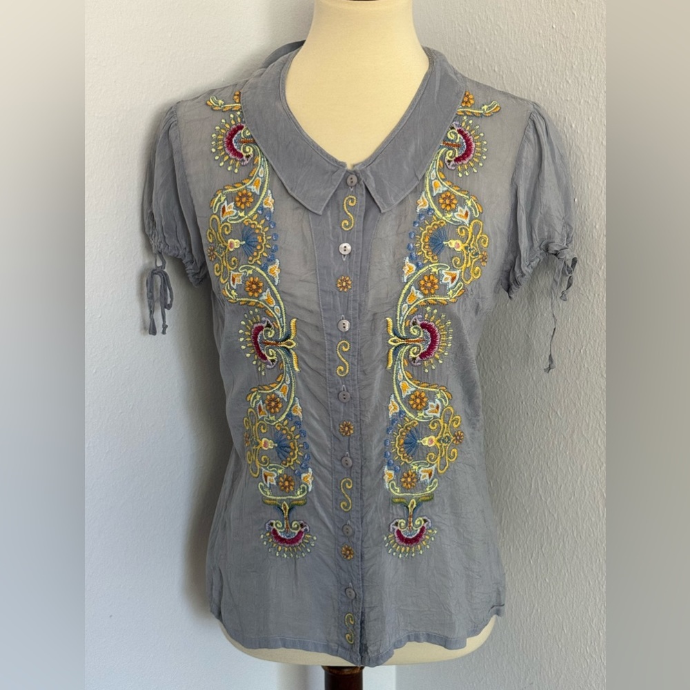 Johnny Was Fan Embroidery Button Up Short Sleeve Blue "Sheer" Top Size S